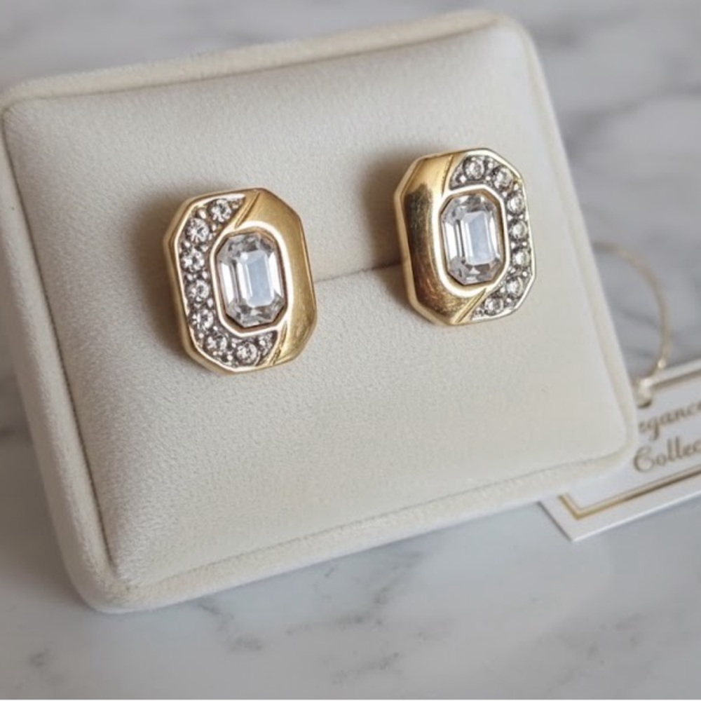 Monet Vintage Gold Tone Rectangular Framed Large Stud Earrings